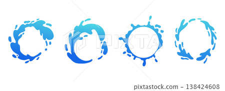 Water puddle splash frame set, liquid shape with drops, abstract blob. Uneven wavy border edge paint, puddle, stain, rounded blot with splashes droplets. Water puddle splash frame set, liquid shape with drops, abstract blob. Uneven wavy border edge paint, puddle, stain, rounded blot with splashes droplets. 138424608