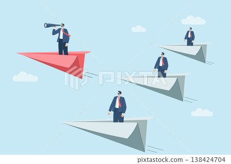 Business development concept, new ideas, Business opportunities open up world view, Businessman using binoculars on paper plane. Research and forecast concept. Vector design illustration. 138424704