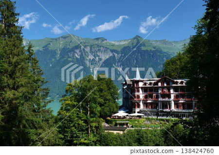 Luxury Alpine Hotel with Lake and Mountain View. Grandhotel Giessbach. Switzerland Luxury Alpine Hotel with Lake and Mountain View. Grandhotel Giessbach. Switzerland 138424760