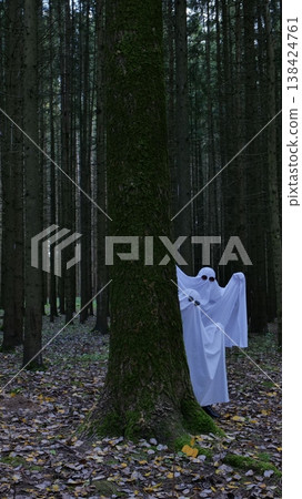 Two People in Ghost Costumes Standing in a Forest Two People in Ghost Costumes Standing in a Forest 138424761