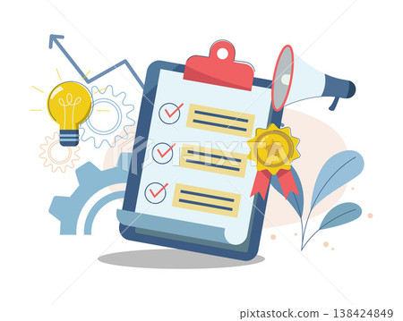 Best standard check and reports performance review, Quality control or certified approval, complete checklist, Business objects, Star award, Document, Megaphone, Light bulb, Vector illustration. 138424849