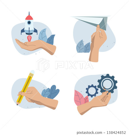 Set of Character hands holding business objects, rocket, start up, paper plane, pencil make idea, cog propulsion, Illustration ideas for web pages, ads, Vector design. 138424852