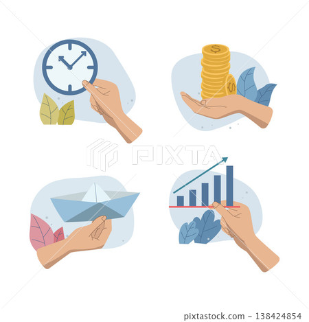 Set of Character hands holding business objects, clock, time, money, coins, gold, Paper boat, bar chart, uptrend, Illustration ideas for web pages, ads, Vector design. 138424854