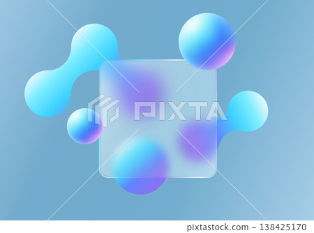 Blue glassmorphism composition with translucent square panel and gradient abstract spheres Blue glassmorphism composition with translucent square panel and gradient abstract spheres 138425170