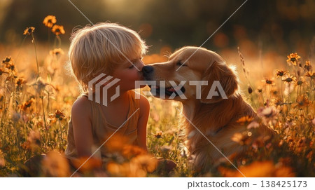 Young child and golden retriever sharing a tender moment in a sunlit flower field 138425173