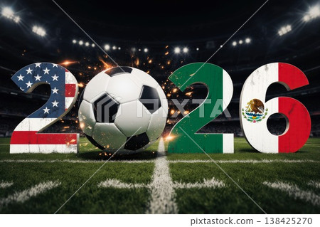 2026 soccer tournament logo featuring flags of the USA and Mexico with a soccer ball on a stadium field illuminated by bright lights 2026 soccer tournament logo featuring flags of the USA and Mexico with a soccer ball on a stadium field illuminated by bright lights 138425270