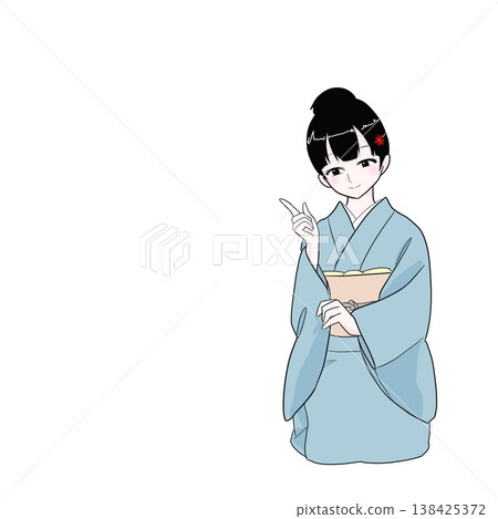 身穿和服的女子指著方向給予指示(解釋、指引)。 身穿和服的女子指著方向給予指示(解釋、指引)。 138425372