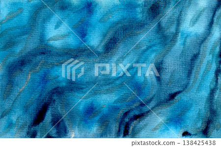 Vibrant aquamarine blue and turquoise watercolor wavy textured background. Creative bright teal watercolour painting with dark and silver lines for water design, abstract cloud concept 138425438