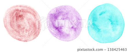Abstract watercolor hand painting turquoise blue, potters pink and violet round shape textured blobs set. Creative watercolor brush stroke organic circles for banner design, cloud frame background 138425463