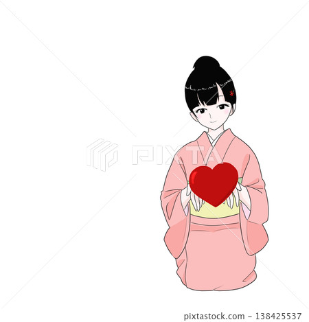 A woman in a kimono offers a heart (expression of gratitude and affection). A woman in a kimono offers a heart (expression of gratitude and affection). 138425537