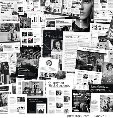 A collage of overlapping magazine and newspaper articles: an image of media and public relations. 138425802