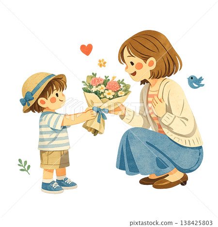 母親節：男孩贈送一束花（插圖） 138425803