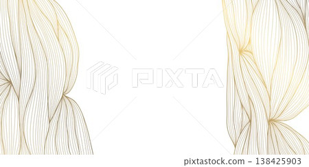 Luxury abstract gold wave line pattern on white background, elegant curves, flowing shapes. Premium vector design, Japanese ornament, cosmetic packaging, posters, wallpapers, covers. Luxury abstract gold wave line pattern on white background, elegant curves, flowing shapes. Premium vector design, Japanese ornament, cosmetic packaging, posters, wallpapers, covers. 138425903