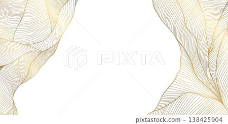 Luxury abstract gold wave line pattern on white background, elegant curves, flowing shapes. Premium vector design, Japanese ornament, cosmetic packaging, posters, wallpapers, covers. Luxury abstract gold wave line pattern on white background, elegant curves, flowing shapes. Premium vector design, Japanese ornament, cosmetic packaging, posters, wallpapers, covers. 138425904