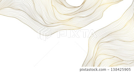 Luxury abstract gold wave line pattern on white background, elegant curves, flowing shapes. Premium vector design, Japanese ornament, cosmetic packaging, posters, wallpapers, covers. Luxury abstract gold wave line pattern on white background, elegant curves, flowing shapes. Premium vector design, Japanese ornament, cosmetic packaging, posters, wallpapers, covers. 138425905