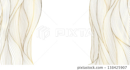 Luxury abstract gold wave line pattern on white background, elegant curves, flowing shapes. Premium vector design, Japanese ornament, cosmetic packaging, posters, wallpapers, covers. Luxury abstract gold wave line pattern on white background, elegant curves, flowing shapes. Premium vector design, Japanese ornament, cosmetic packaging, posters, wallpapers, covers. 138425907