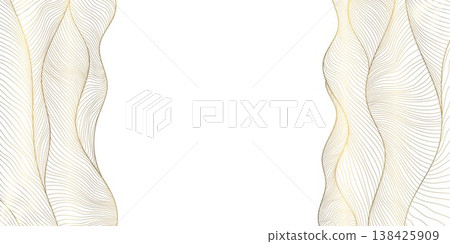 Luxury abstract gold wave line pattern on white background, elegant curves, flowing shapes. Premium vector design, Japanese ornament, cosmetic packaging, posters, wallpapers, covers. 138425909