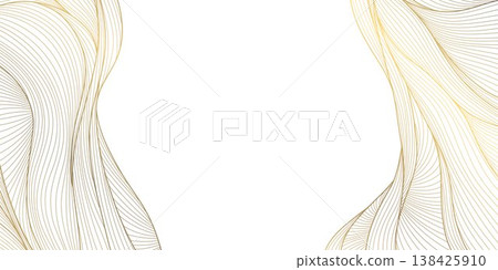 Luxury abstract gold wave line pattern on white background, elegant curves, flowing shapes. Premium vector design, Japanese ornament, cosmetic packaging, posters, wallpapers, covers. 138425910