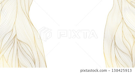 Luxury abstract gold wave line pattern on white background, elegant curves, flowing shapes. Premium vector design, Japanese ornament, cosmetic packaging, posters, wallpapers, covers. 138425913