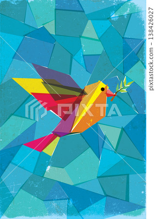 Abstract peace dove with olive branch geometric shapes vivid colors overlap and transparency have scratches and distress texture vertical template Abstract peace dove with olive branch geometric shapes vivid colors overlap and transparency have scratches and distress texture vertical template 138426027