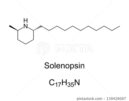 Solenopsin, chemical formula and molecular structure. Lipophilic alkaloid in venom of fire ants, Solenopsis. Primary toxin of the venom, responsible for cardiorespiratory failure after stings. Vector Solenopsin, chemical formula and molecular structure. Lipophilic alkaloid in venom of fire ants, Solenopsis. Primary toxin of the venom, responsible for cardiorespiratory failure after stings. Vector 138426087