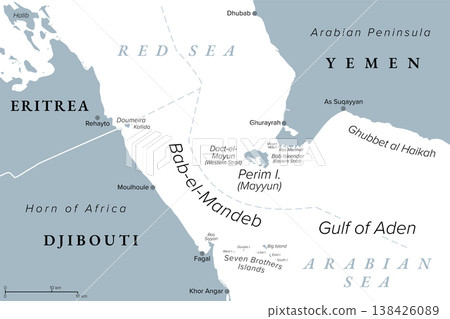 Strait of Bab-el-Mandeb, gray political map. Translated to Gate of Tears, a major global choke point between Yemen and Djibouti as well as Eritrea, connecting the Red Sea and the Gulf of Aden. Vector Strait of Bab-el-Mandeb, gray political map. Translated to Gate of Tears, a major global choke point between Yemen and Djibouti as well as Eritrea, connecting the Red Sea and the Gulf of Aden. Vector 138426089