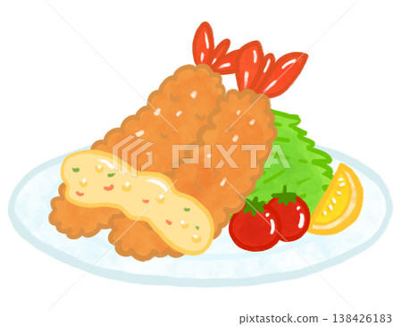 Watercolor-style illustration of fried shrimp (cafe menu item) 138426183