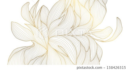 Luxury abstract gold floral line pattern on white background, elegant leaves, flowers, flowing abstract waves. Modern vector illustration, Japanese ornament, Art Deco and Art Nouveau Luxury abstract gold floral line pattern on white background, elegant leaves, flowers, flowing abstract waves. Modern vector illustration, Japanese ornament, Art Deco and Art Nouveau 138426315