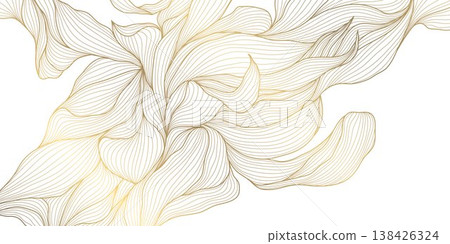 Luxury abstract gold floral line pattern on white background, elegant leaves, flowers, flowing abstract waves. Modern vector illustration, Japanese ornament, Art Deco and Art Nouveau Luxury abstract gold floral line pattern on white background, elegant leaves, flowers, flowing abstract waves. Modern vector illustration, Japanese ornament, Art Deco and Art Nouveau 138426324