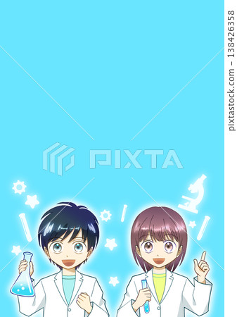 一幅動漫風格的插圖，描繪了一男一女穿著實驗服，面帶微笑地進行實驗。 138426358