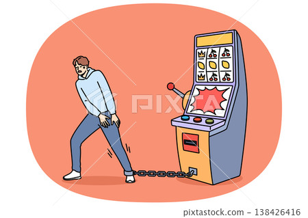 Gambling addiction of man tied with chain to slot machine made guy hostage to casino 138426416