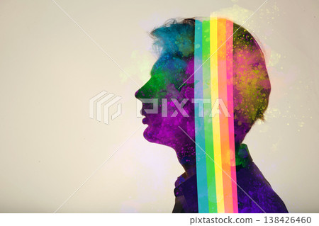 Transgender man queer with rainbow inside. Pride and freedom love sex concept. Silhouette profile portrait. 138426460