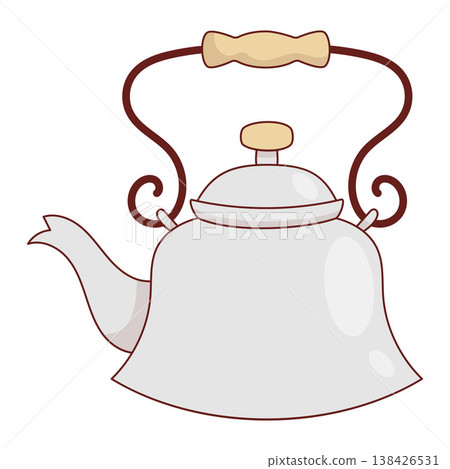 Vintage Enamel Teapot with Curved Iron Handle. Retro Metal bell shaped Kettle for Farmhouse Kitchen Decor. Artisan old-fashioned Ironware enamelware. Vector Illustration. Vintage Enamel Teapot with Curved Iron Handle. Retro Metal bell shaped Kettle for Farmhouse Kitchen Decor. Artisan old-fashioned Ironware enamelware. Vector Illustration. 138426531