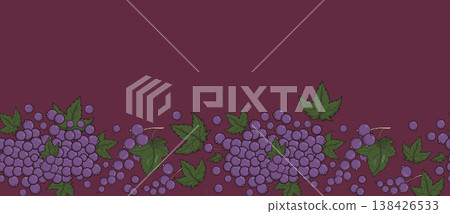 Blackcurrant Seamless Border. Fresh Berries and Leaves. Eco Harvest Top View on Deep Plum Background. Horizontal Botanical Tape. Website Footer and Header Design with Copy Space. Vector Illustration. Blackcurrant Seamless Border. Fresh Berries and Leaves. Eco Harvest Top View on Deep Plum Background. Horizontal Botanical Tape. Website Footer and Header Design with Copy Space. Vector Illustration. 138426533