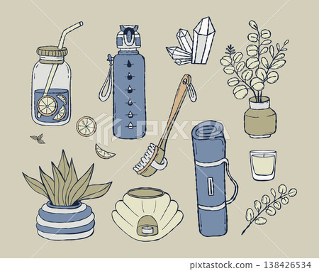 Yoga and Wellness Lifestyle Set. Rolled Yoga Mat, Water Bottle, Mason Jar with Lemon Drink, Crystal, Eucalyptus in Vase, Flowerpot and Dry Body Brush. Home Spa Meditation. Isolated Vector Hand Drawn Yoga and Wellness Lifestyle Set. Rolled Yoga Mat, Water Bottle, Mason Jar with Lemon Drink, Crystal, Eucalyptus in Vase, Flowerpot and Dry Body Brush. Home Spa Meditation. Isolated Vector Hand Drawn 138426534