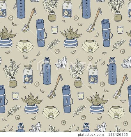 Seamless Pattern with Yoga Mat, Water Bottle, Mason Jar, Crystal, Aroma lamp, Eucalyptus, Flowerpot, and Dry Body Brush. Home Spa, Meditation Decor on Beige Background. Vector Illustration Hand Drawn. Seamless Pattern with Yoga Mat, Water Bottle, Mason Jar, Crystal, Aroma lamp, Eucalyptus, Flowerpot, and Dry Body Brush. Home Spa, Meditation Decor on Beige Background. Vector Illustration Hand Drawn. 138426535