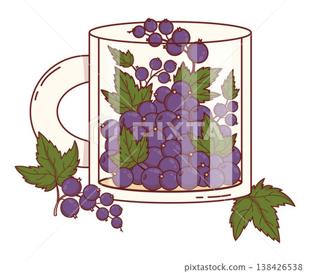 Black Currant in Glass Mug with Green Leaves and Berries Bunches. Eco Friendly Fruit Harvest. Farming and Cottagecore, Vector Illustration Black Currant in Glass Mug with Green Leaves and Berries Bunches. Eco Friendly Fruit Harvest. Farming and Cottagecore, Vector Illustration 138426538