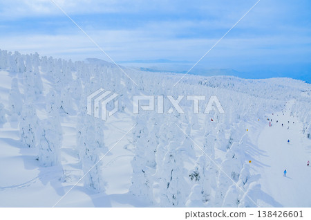 【晴空萬裡】藏王的雪怪,純白的霜凍覆蓋的樹木在湛藍的天空下格外醒目,構成了一幅壯觀的冬季景象。 【晴空萬裡】藏王的雪怪,純白的霜凍覆蓋的樹木在湛藍的天空下格外醒目,構成了一幅壯觀的冬季景象。 138426601