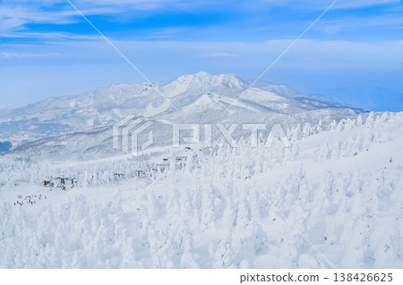 [Clear skies] Zao's snow monsters, pure white frost-covered trees standing out against the deep blue sky, and a spectacular winter landscape. 138426625