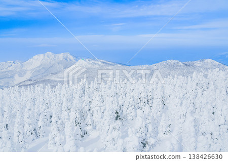 [Clear skies] Zao's snow monsters, pure white frost-covered trees standing out against the deep blue sky, and a spectacular winter landscape. 138426630