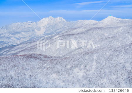 [Clear skies] Zao's snow monsters, pure white frost-covered trees standing out against the deep blue sky, and a spectacular winter landscape. 138426646
