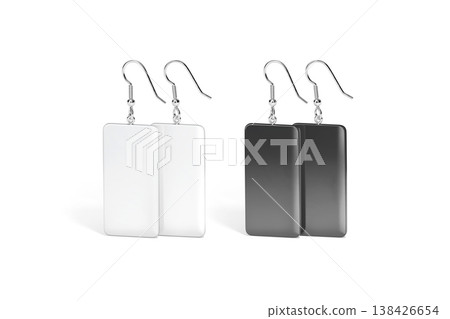 Blank black and white pair rectangle earring mockup stand png, transparent background 3d rendering. Empty jewels earrings for lady mock up cut out. Clear retro spike ear decoration for woman template. 138426654