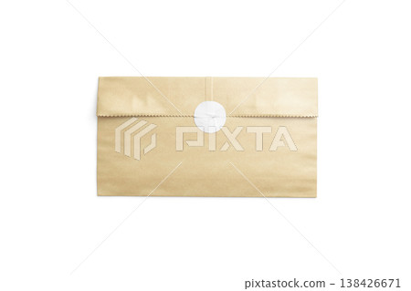 Blank craft rectangle paper bag with white sticker mockup png, transparent background, 3d rendering. Empty premiss letter cover with round sticker mock up cut out. Clear postal mail packing template. Blank craft rectangle paper bag with white sticker mockup png, transparent background, 3d rendering. Empty premiss letter cover with round sticker mock up cut out. Clear postal mail packing template. 138426671