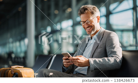 Businessman Uses Smartphone for  Business for Traveling at airport. 138426673