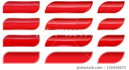 glossy red buttons set with slanted edges. 3D realistic scarlet web buttons elements with white and gold borders. Modern asymmetric horizontal buttons icons isolated on white interface and game design 138426675