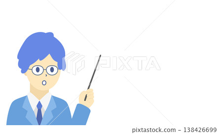 Illustration of a man with glasses (using a pointer) analyzing and explaining business data (cool colors). Illustration of a man with glasses (using a pointer) analyzing and explaining business data (cool colors). 138426699