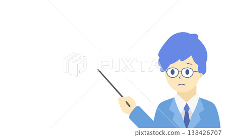 圖解：一名戴眼鏡的男子（使用指示棒）正在分析和解釋商業數據（冷色調）。 138426707