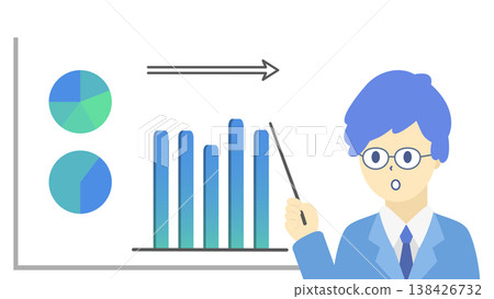 A set of illustrations (in cool colors) featuring a man wearing glasses and a graph analyzing and explaining stagnant sales data in business. A set of illustrations (in cool colors) featuring a man wearing glasses and a graph analyzing and explaining stagnant sales data in business. 138426732