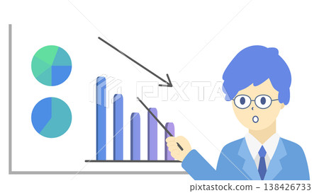 A set of illustrations featuring a man wearing glasses and graphs analyzing and explaining sales declines in business data. A set of illustrations featuring a man wearing glasses and graphs analyzing and explaining sales declines in business data. 138426733