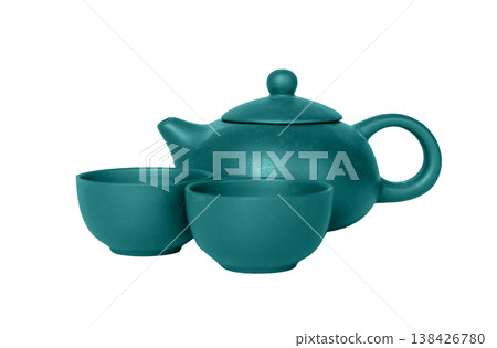 Traditional tea cup and teapot set shown as a hot beverage for tea ceremony and wellness rituals. 138426780